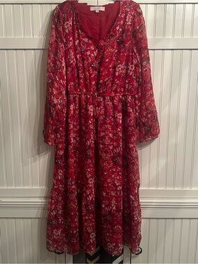 LOFT Red Floral Long-Sleeve Tiered Midi Dress Size L
